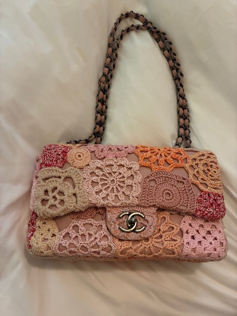 CHANEL Paris Seoul Pink Multi Crochet Patchwork Shoulder Bag